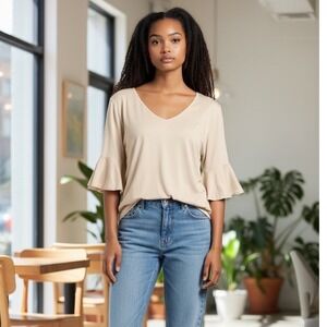 Zenana Womens Cream V-Neck Bell Sleeve Ruffle Top L Whimsical Goth Simple Staple